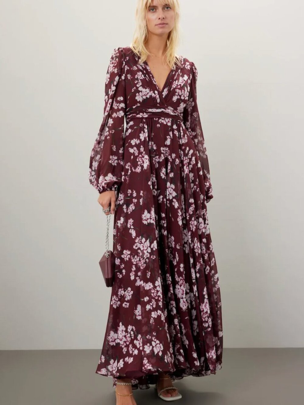 Ieena for Mac Duggal Floral Chiffon Gown in Red Floral Long Sleeve Maxi Dress 6